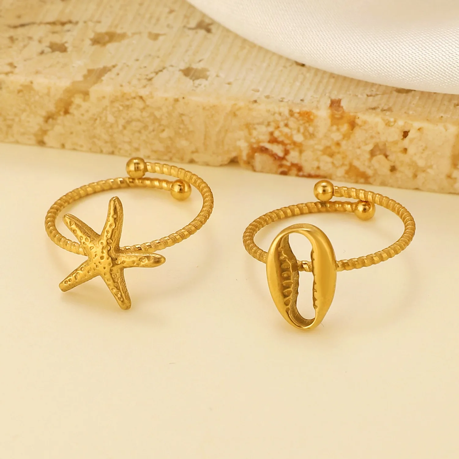 18K Gold Stainless Steel Marine Life Ocean Style Open Rings Personality Crab Turtle Seashell Starfish Adjustable Rings for Women