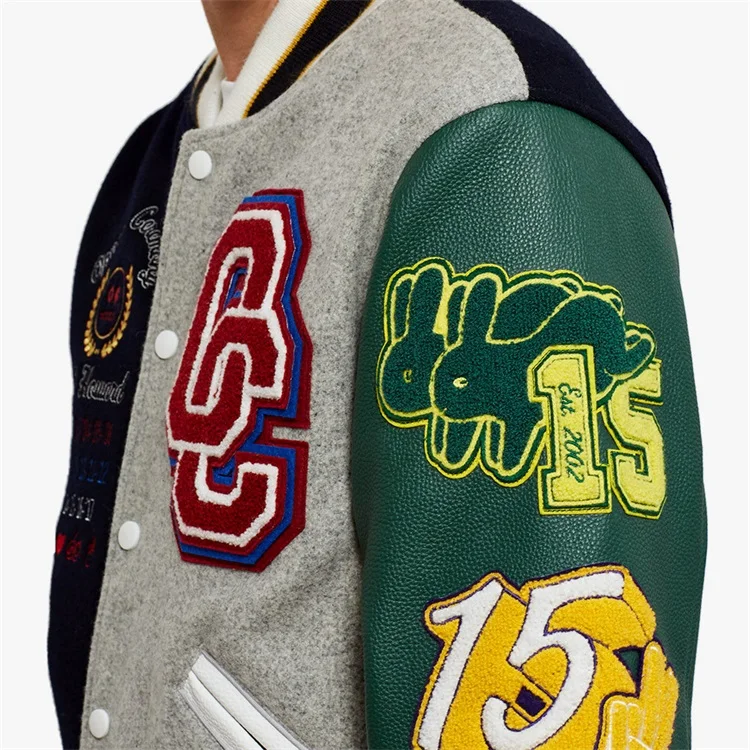 2022 OEM custom two colors mens leather sleeve patch chenille embroidery streetwear letterman varsity jacket for men