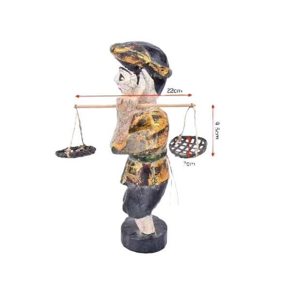Traditional Vietnamese Jackfruit Wooden Water Puppet Auntie Carrying 2 Baskets on Bamboo Hole Home Decoration / Gift Usage