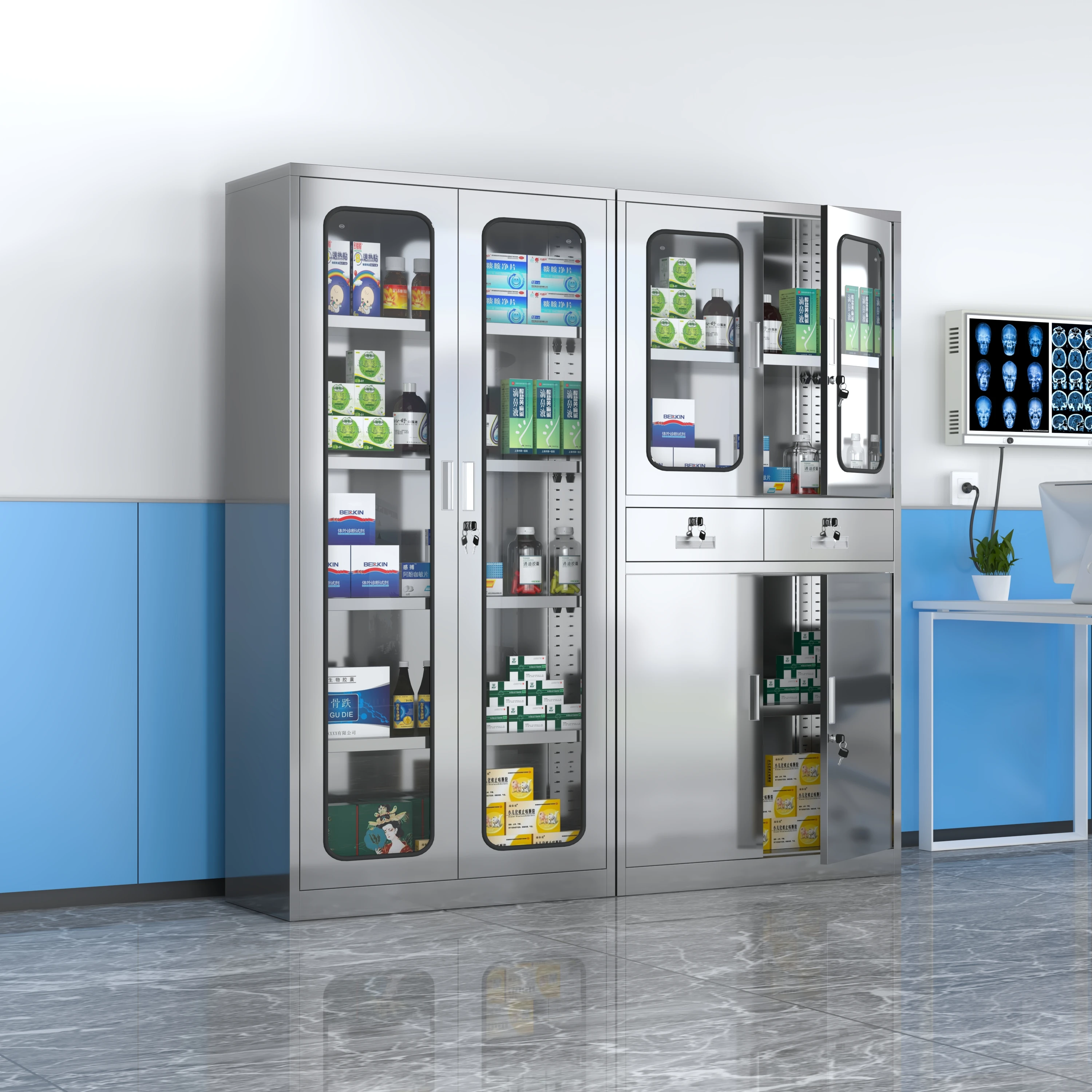 Metal high quality double glass door with two drawers hospital storage stainless steel medical cabinet  laboratory furniture