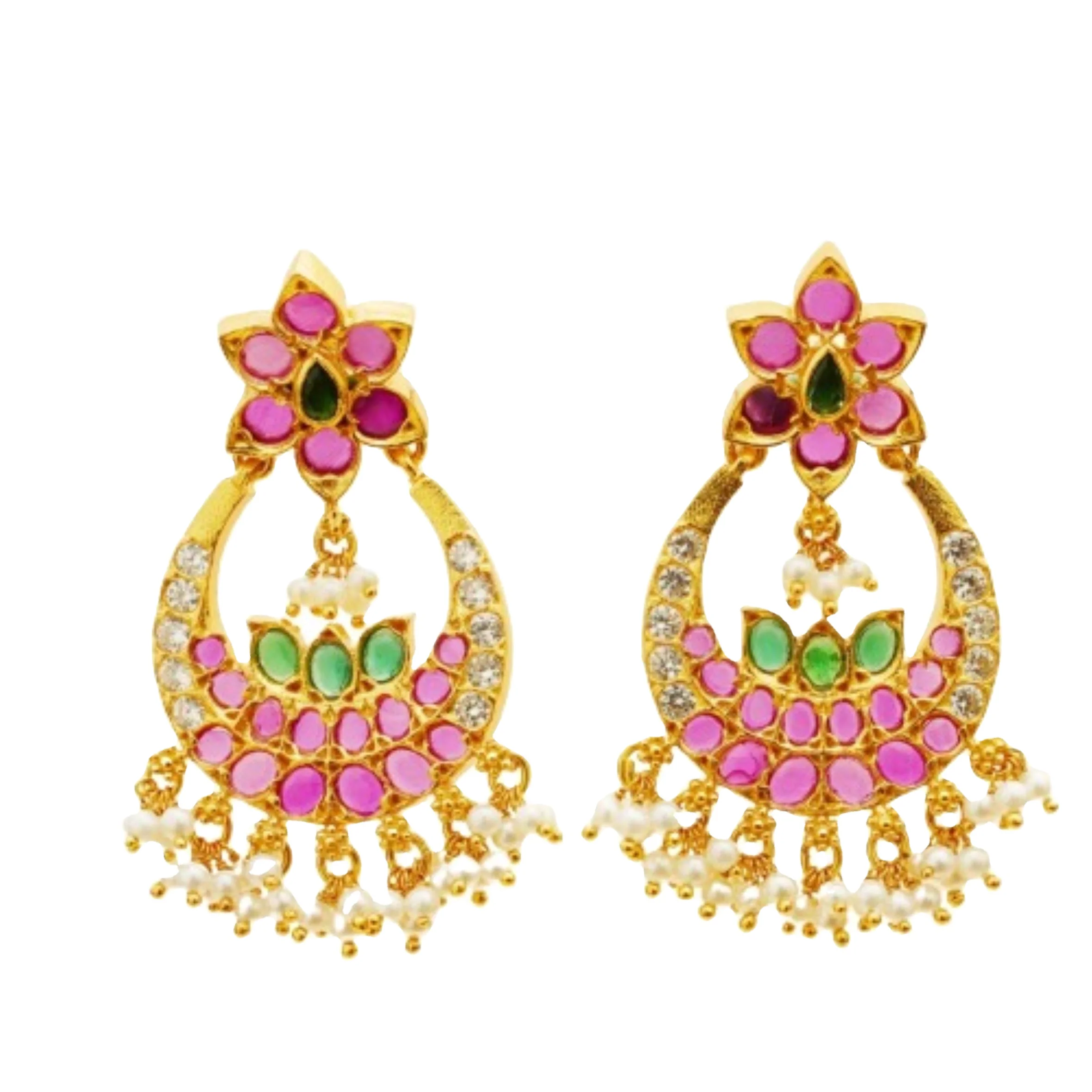 A Lotus Inspired 22K 925 Sterling Silver Gold Tone Emerald Ruby CZ Stone Studded Girls Earring Gift in Party at Wholesale Price