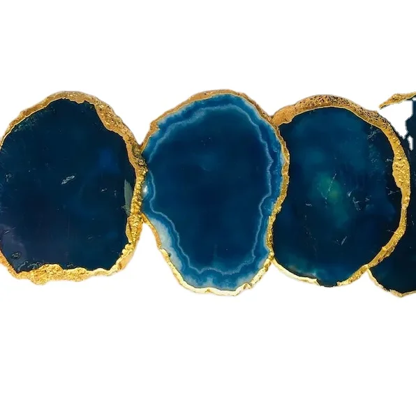 Blue Agate Coasters with Electroplated Edges Natural Agate Slices Premium Quality Stone Coasters Wholesale