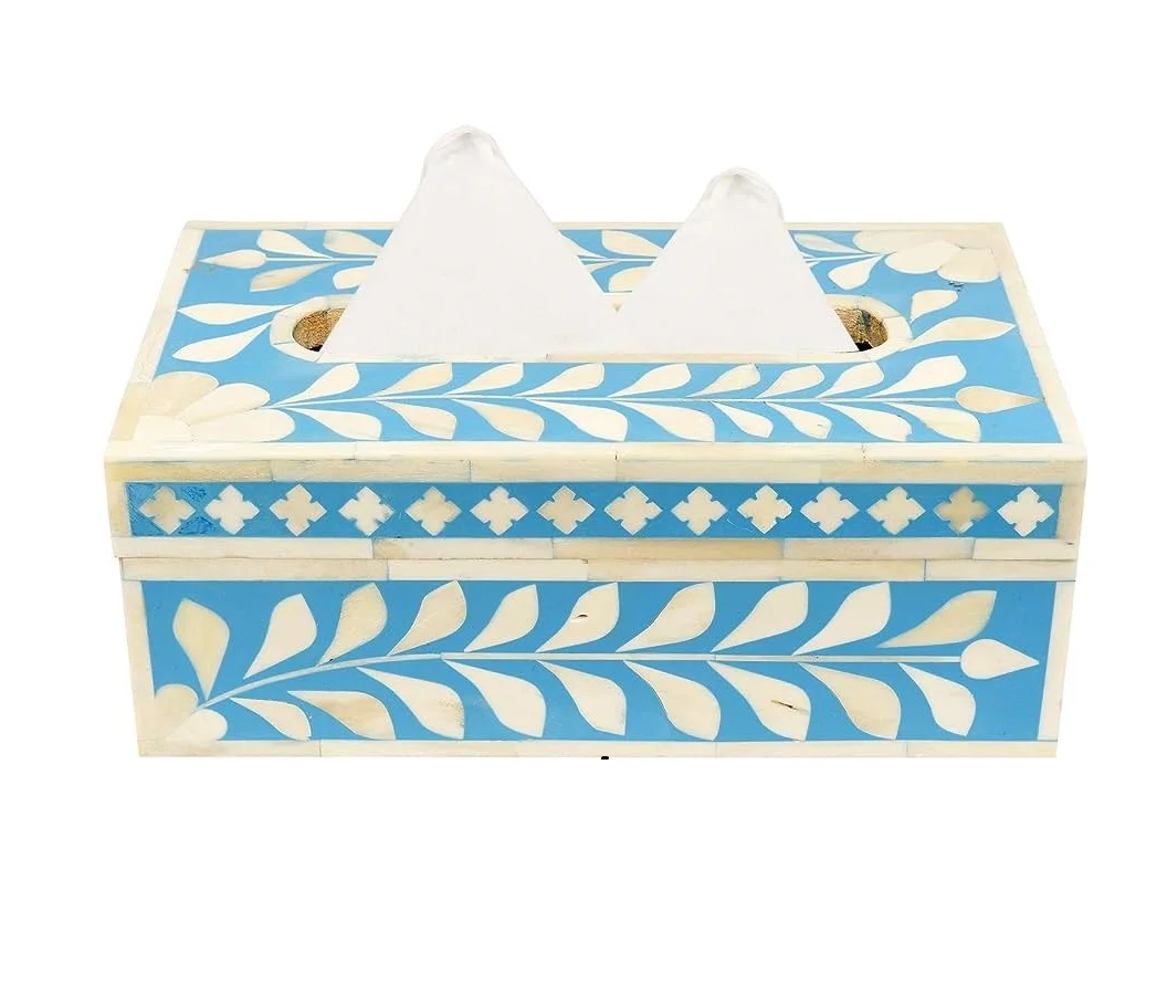 India Handmade Bone Inlay Napkin Holder Creative Multi Styles Sky Blue and White Tissue Box with leaf Designs Home Hotel Used