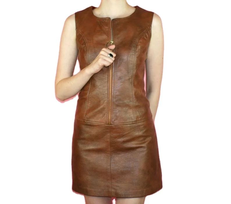 Custom Logo Ladies knee length sheep leather dress/High fashion lamb leather dress/New design brown leather dress for women