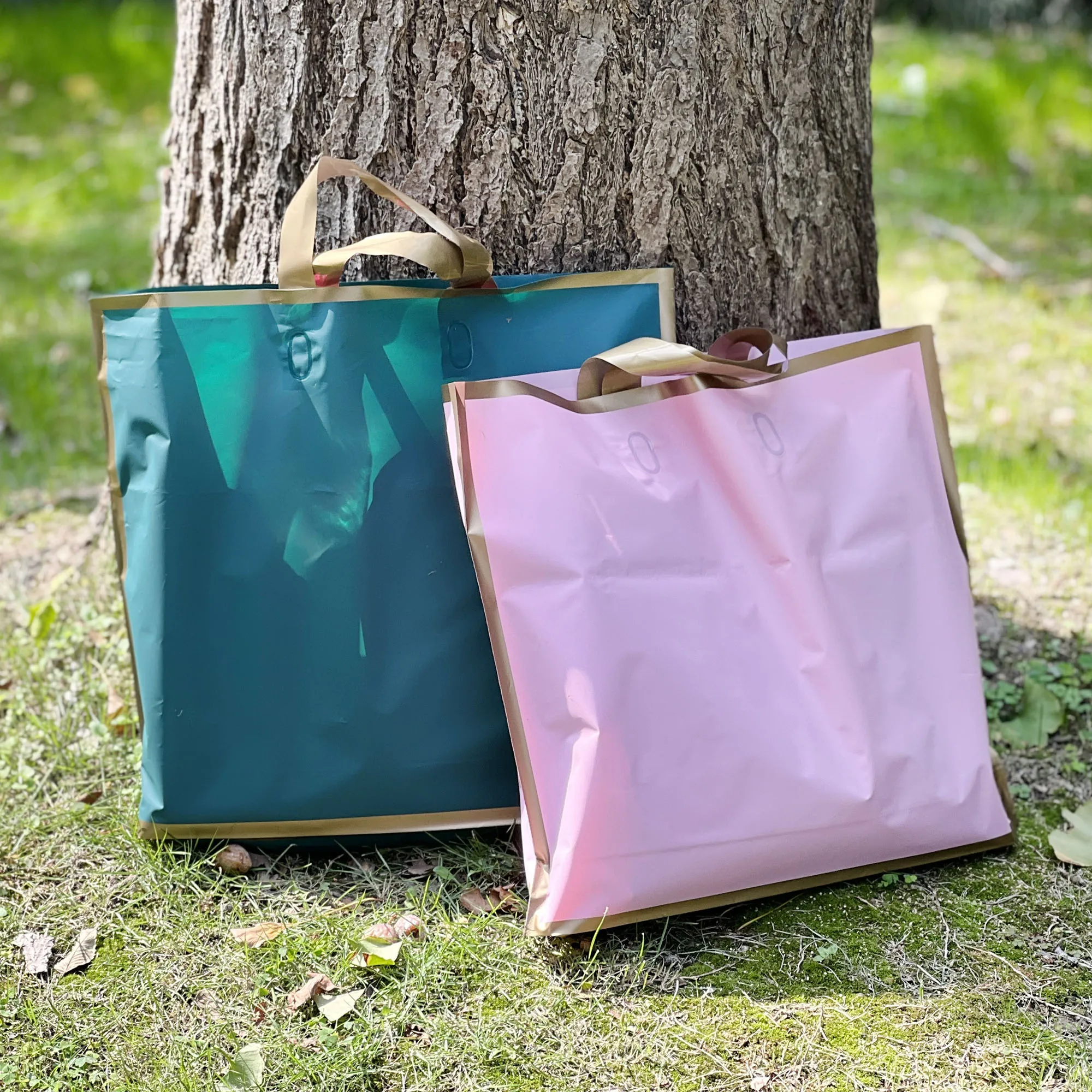 Small Business Packaging Logo Personalized Custom T-Shirt Ldpe Plastic Loop Handle With Golden Edge Printing