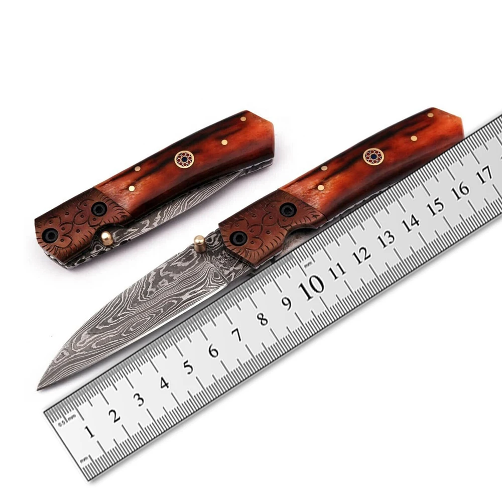 High Grade Handmade VG10 Knife Damascus Steel Folding Pocket Outdoor Self defense Survival Hunting Knives with Leather Sheath