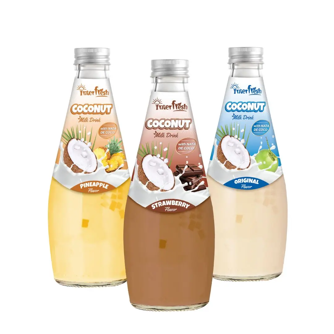 INTERFRESH Exporter From Vietnam High Quality Coconut Milk Nata De Coco Fruit Drink With Banana 290 ml Glass Bottle Customized