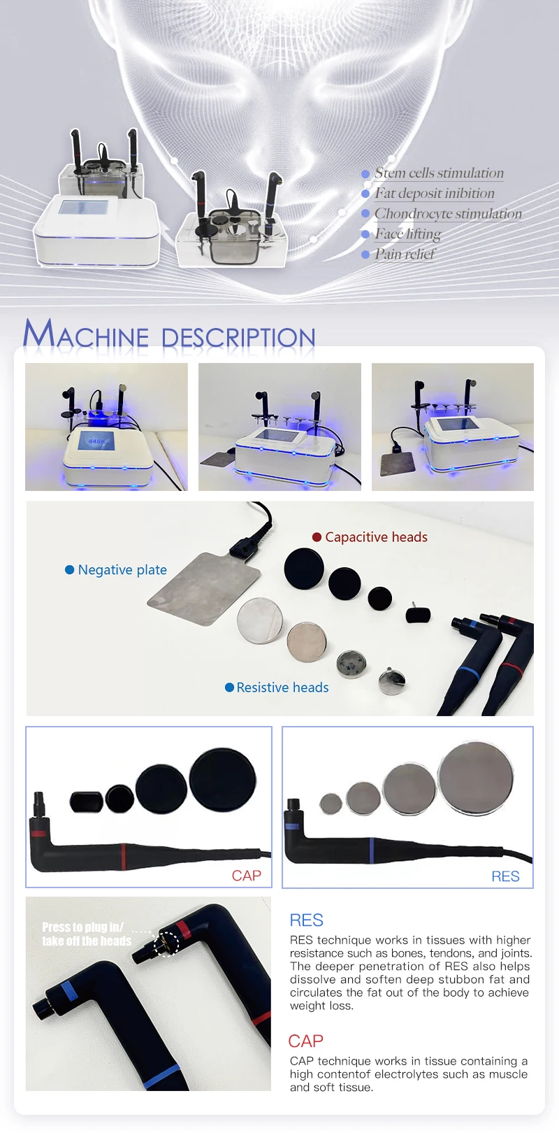 2 handles 448khz monopolar radio frequency deep penetration CET RET muscle souring repair anti-aging machine