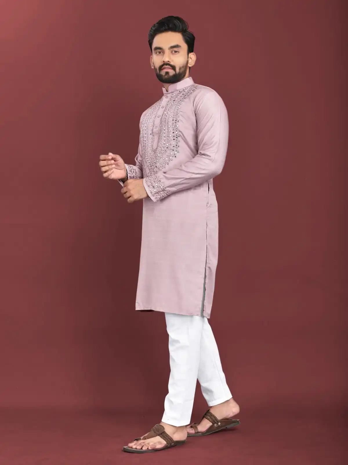INDIAN MEN KURTA PAJAMA WITH REAL MIRROR HANDWORK DESIGN ON NECK & SLEEVE