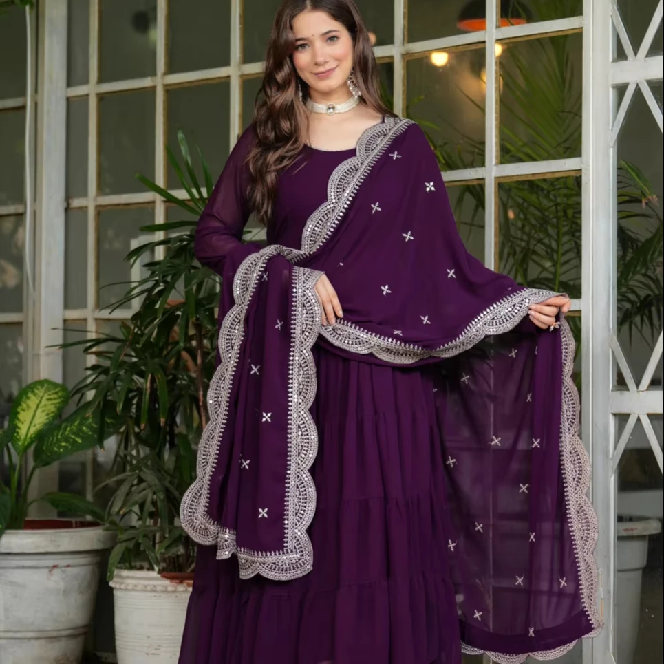 Women Layered Flared Kurta Set with Lace Border india ethnic Designer Gown With Dupatta