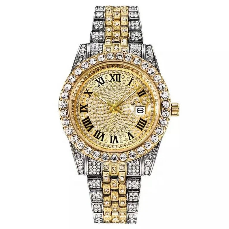 Luxury Unisex Stainless Steel ETA Watch Bling Iced-out Moissanite Watches Gold Wristwatch Analog Super Clone Quartz Fashion
