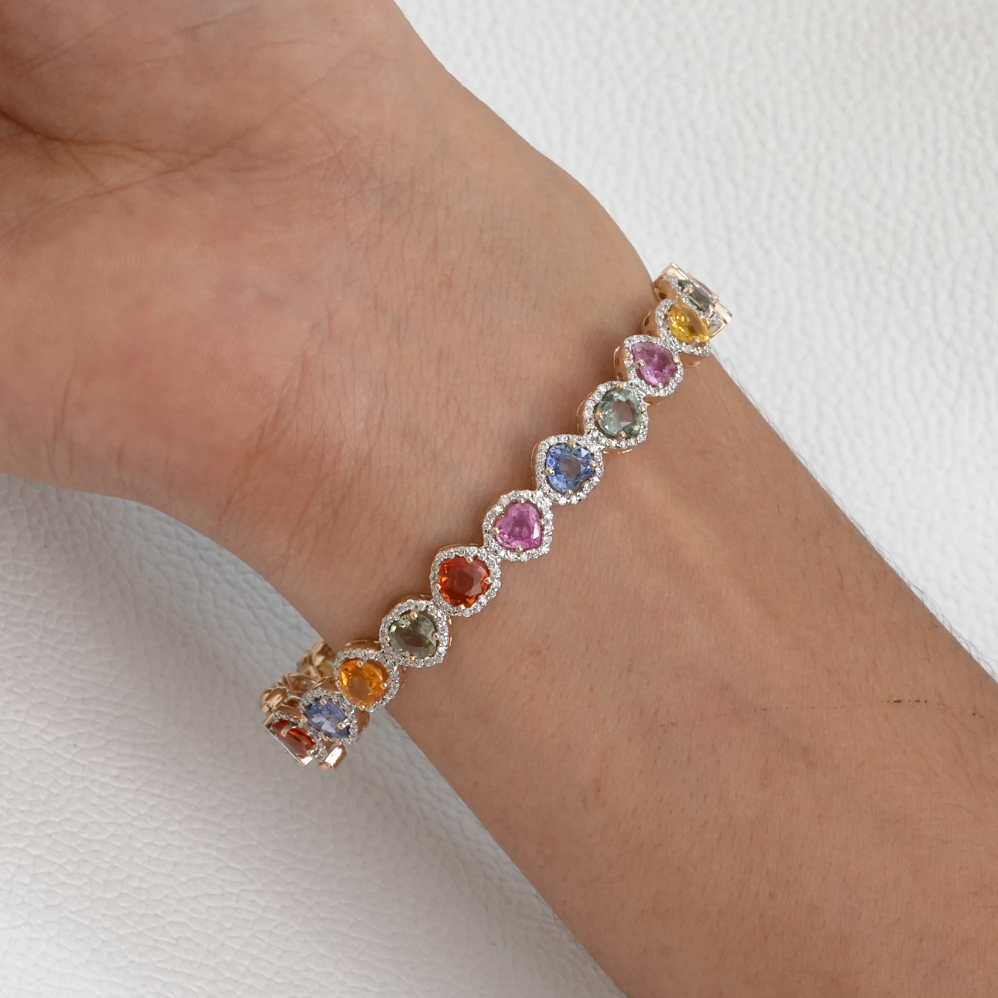 Heart Shaped Multi Sapphire Gemstone Solid 14k Yellow Gold Pave Diamond Openable Oval Bangle Bracelet Wedding Fine Jewelry