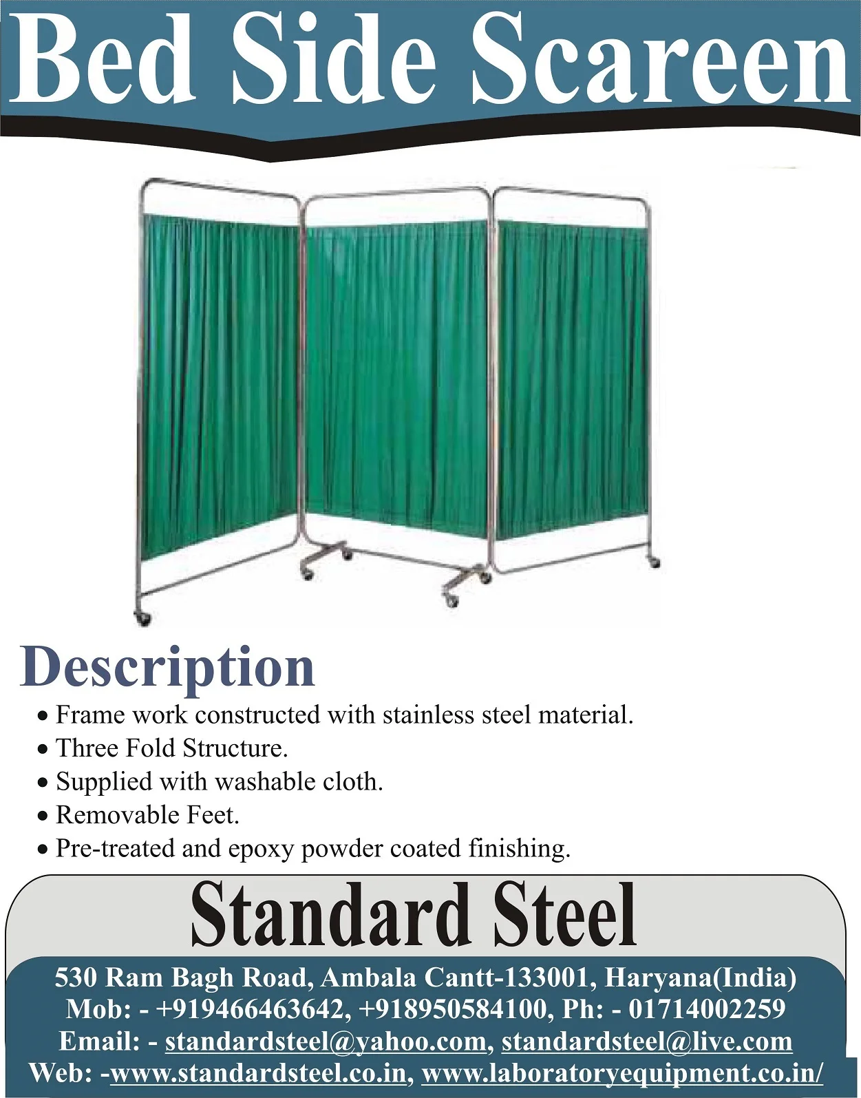Hospital Clinic Stainless Steel Frame Bedside screen three panel Hospital ward Bedside Screen hospital curtain stand