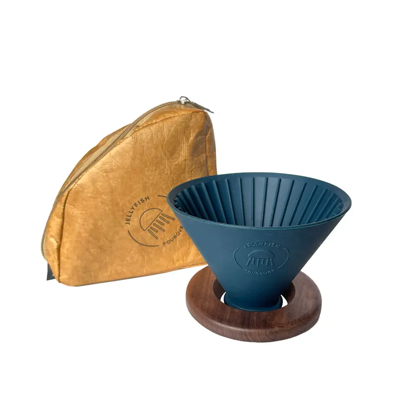 Modern Silicone Coffee Dripper Set with Wood Handle Glass Ceramic Paper Metal Pour Over Design for Outdoor Camping