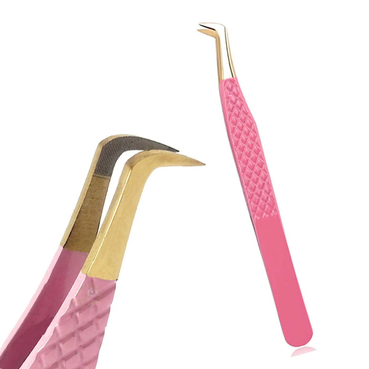 Pink Color Fiber Tip Eyelash Tweezers Colt Volume Diamond Grip Tweezers Stainless Steel Extension Eyelash Tweezers