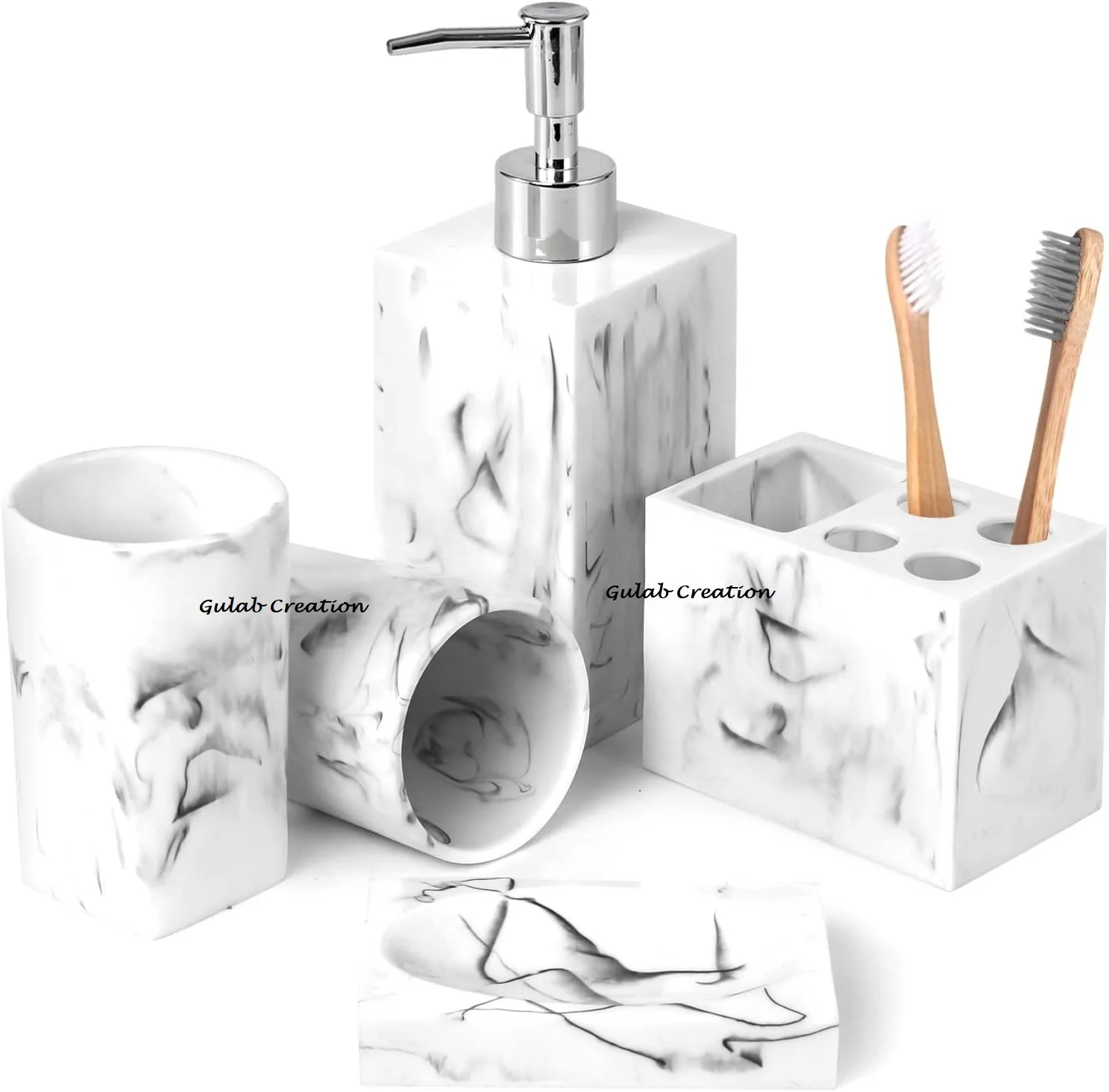 New Design Hot Wholesale 5 Pcs Marble Look Bathroom Sets Soap Dispenser & Toothbrush Holder Set