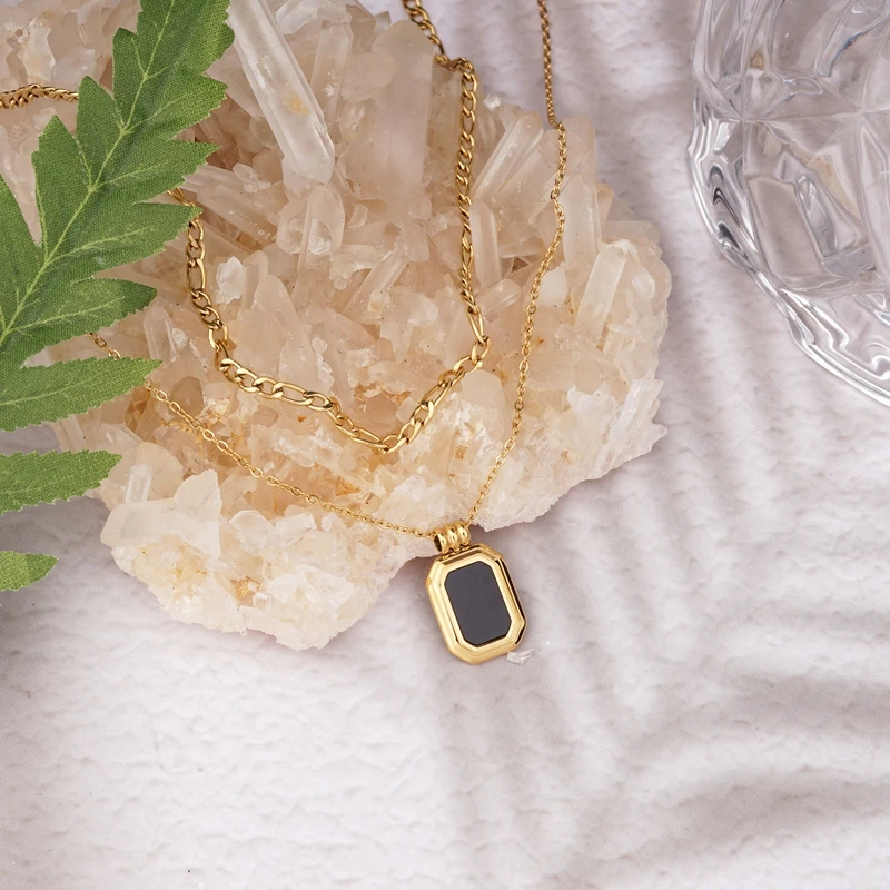 Square Black Pendant Necklaces Stainless Steel Stacked Layered Thick Cuban Necklace For Women