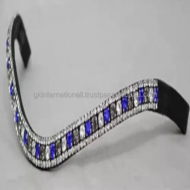 Premium Genuine Real Leather latest trending 15 mm leather horse brow band with 3 row decorative metal crystal chain