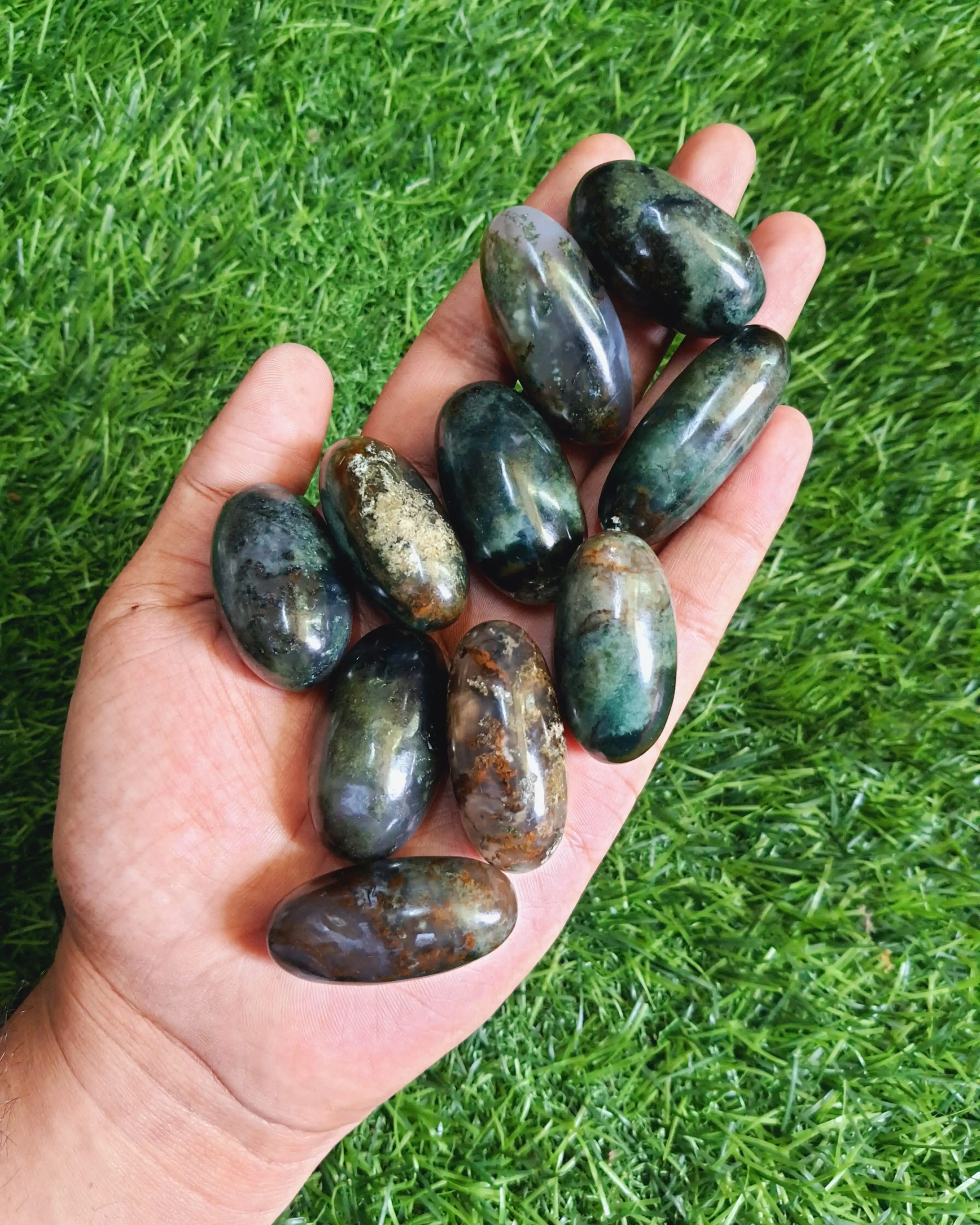 GIA Certified Natural Moss Agate Shiva Lingam Chakra Green Crystal Hand-Carved Polished Shiva Lingam High Oval Natural Stone