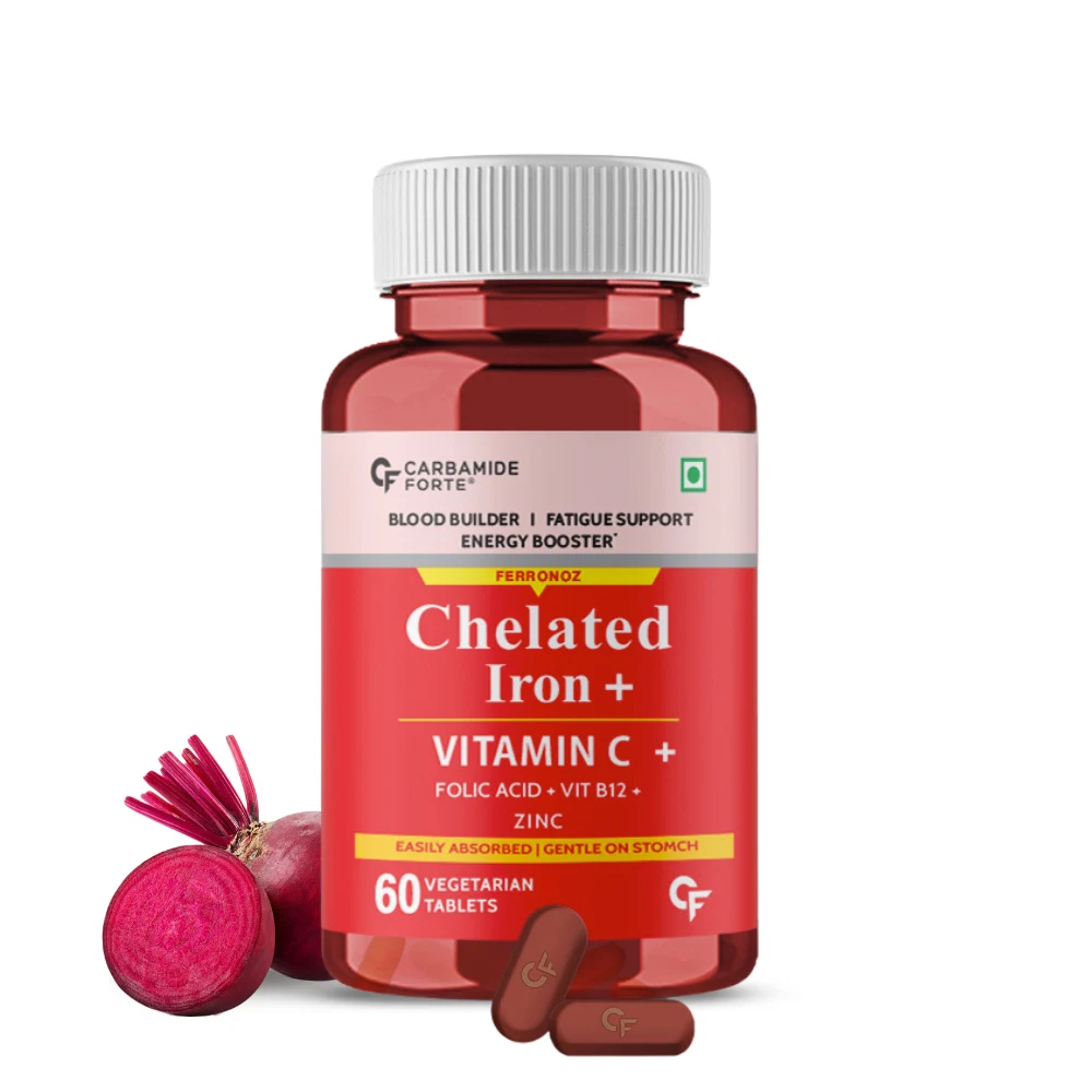 Natural Vegetable Chelated Iron Supplement for Women & Men Iron Tablets with Vitamin C, Vitamin B12, Folic Acid & Zinc - 60 Veg