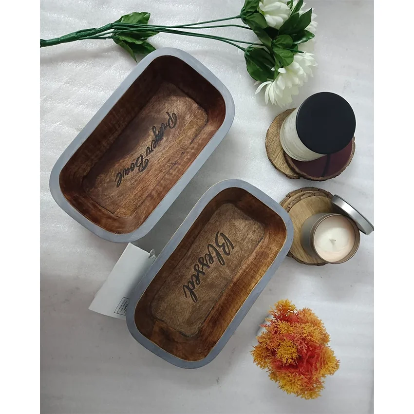 Antique Small Walnut & Grey Prayer Dough Bowl Religious Gifts Farmhouse Rustic Church Centerpiece for Home Decor Serving