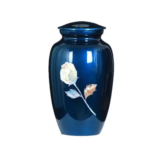 Beloved Ones Funeral Ashes Keep Save Plain Blue Enamel And White Rose Simple Design Cremation Urns Metal Cremation Urns & Jar