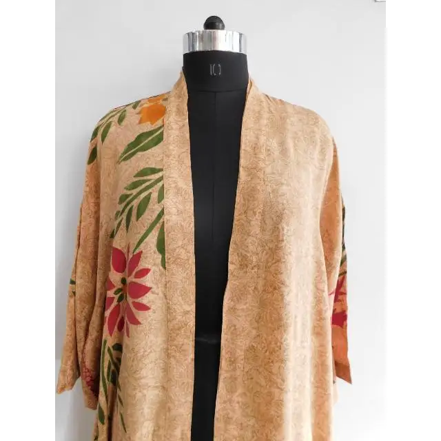 Vintage Crepe Silk Fabric Kimono Robe Floral Print Wholesale Silk Fabric Kimono Jacket For Her