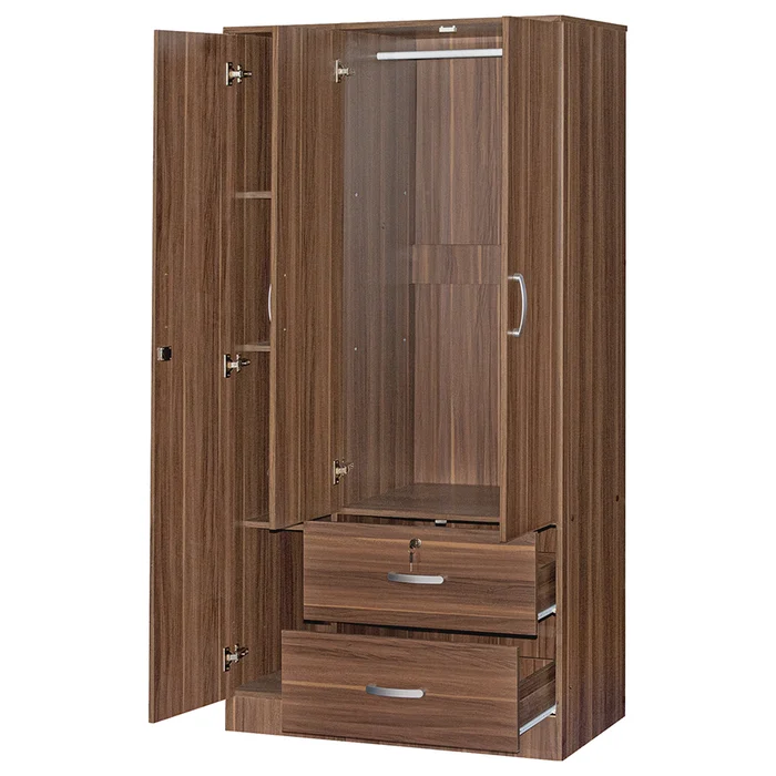 Factory Wholesale Closet Wood Veneer Wardrobe 3-Door Armoire with Two Drawers Four Shelves and Hanging Rod