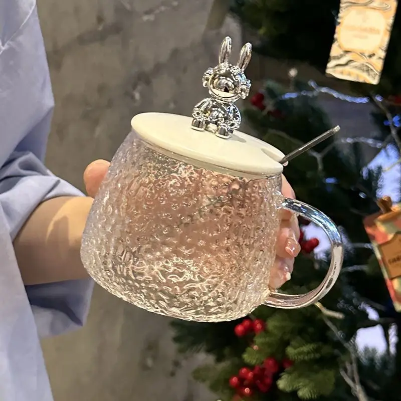 400ml High Quality Bear Shape Coffee Glass Mug Little Pattern Cup with Lid and Spoon for Girls