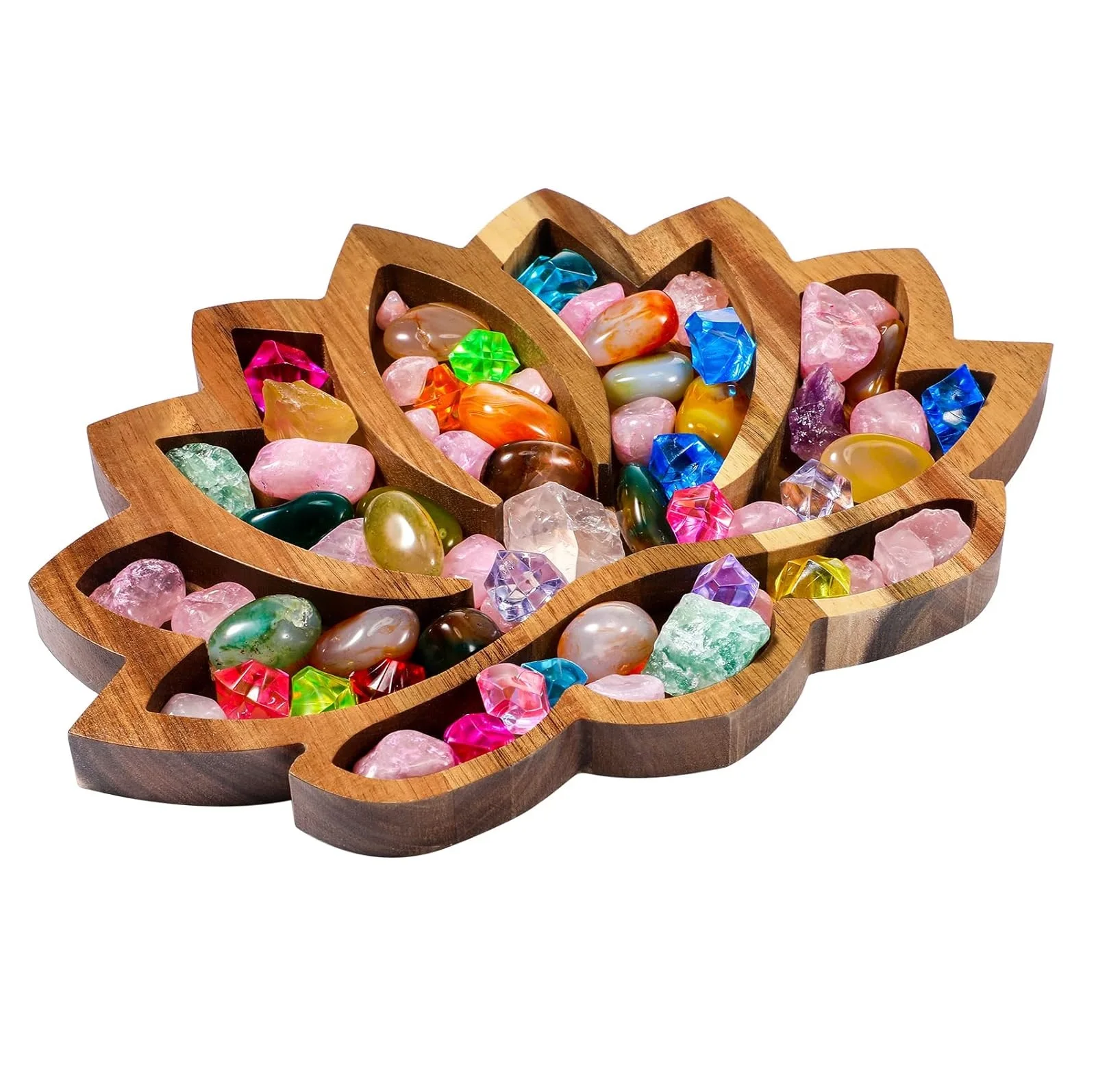 Lotus Crystal Tray for Stones Crystals and Healing Stones Flower Wooden Crystal Storage Holder Tray Lotus Shape Decorative