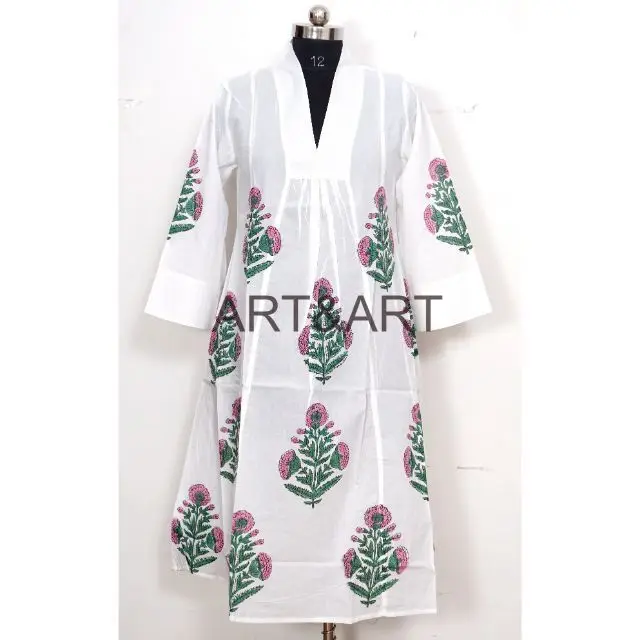 Indian Voile Cotton Hand Block Print Dress Loose Print Luxury Wear Bridal Gown Deep V-Neck Party Wear Casual Dress