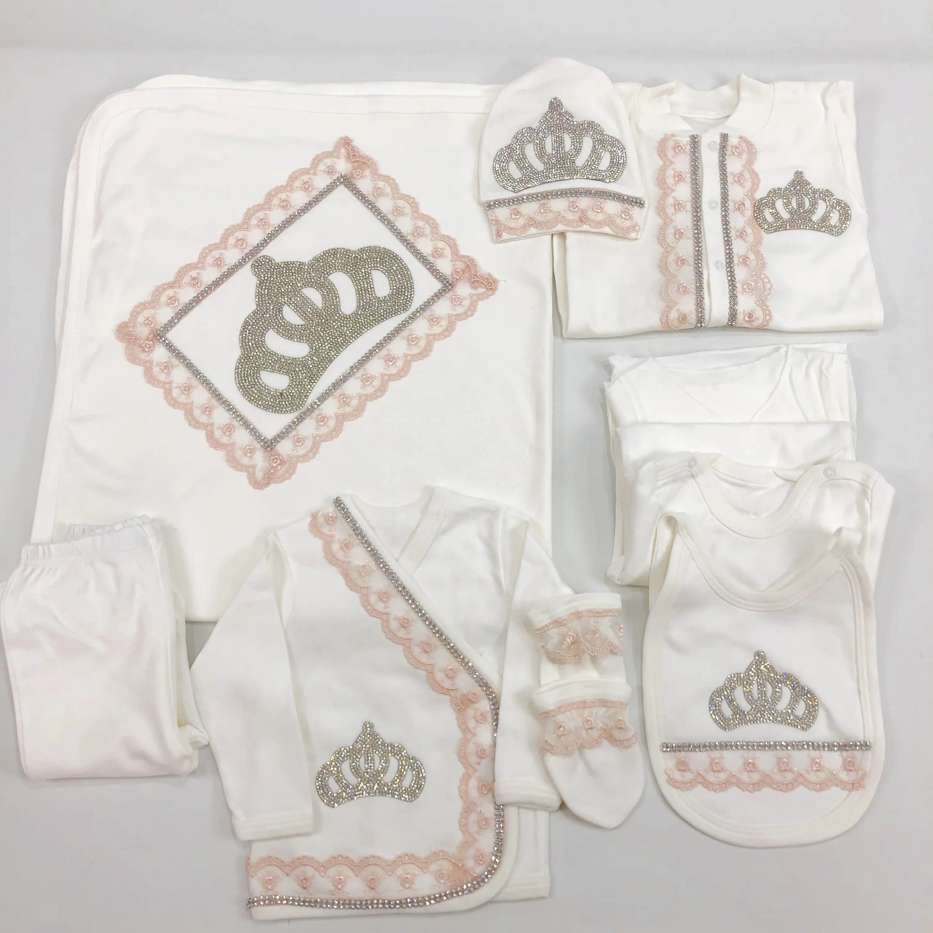 High Quality Modern Wholesale Custom 100% Cotton Long Sleeve Bamboo Bubble New Born Baby Gift 10 pieces Set White Crowned