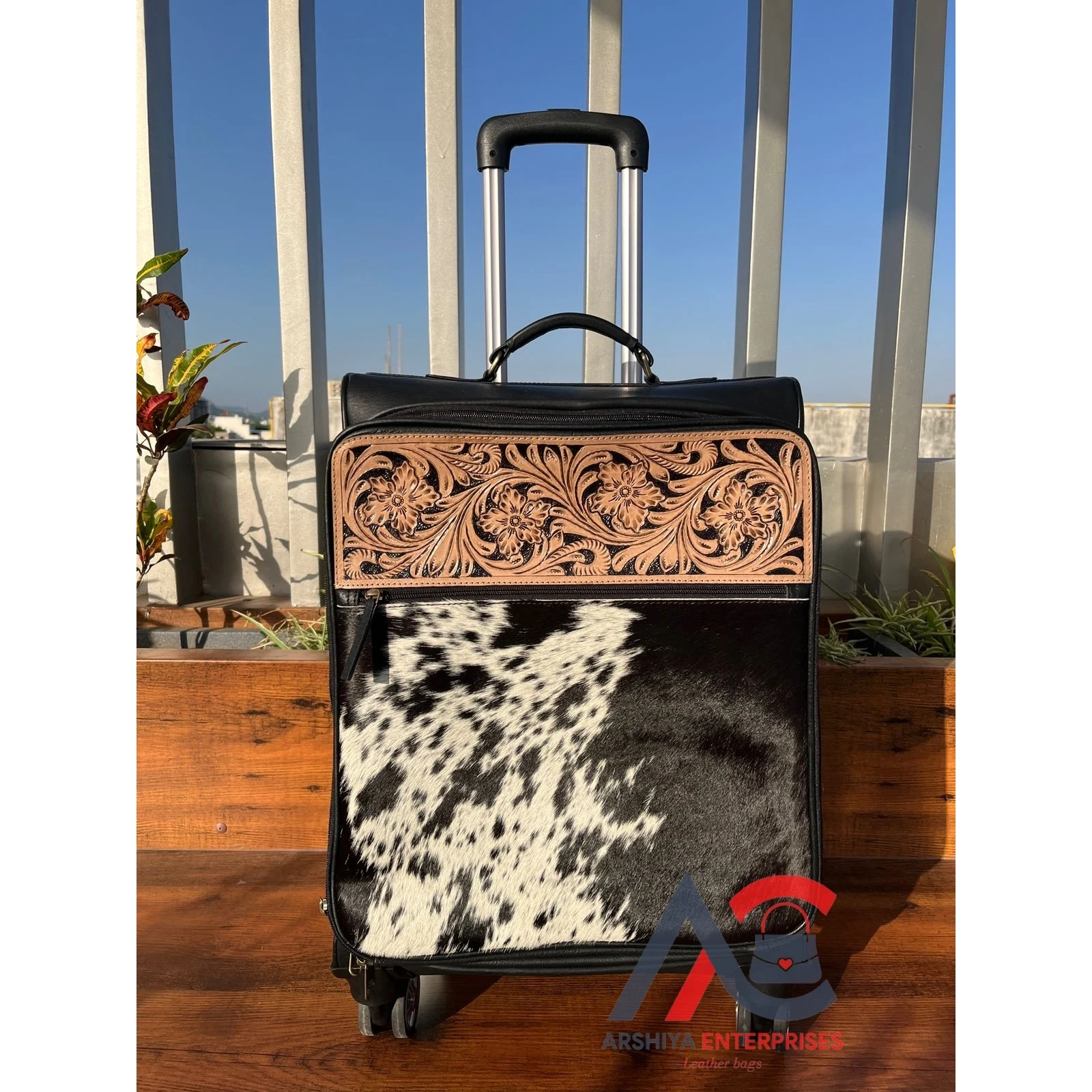 Tooled Leather Travel Trolley Bag for Unisex Hair On Genuine Cow Leather Floral Carry On Luggage Durable Luxury Rolling Suitcase