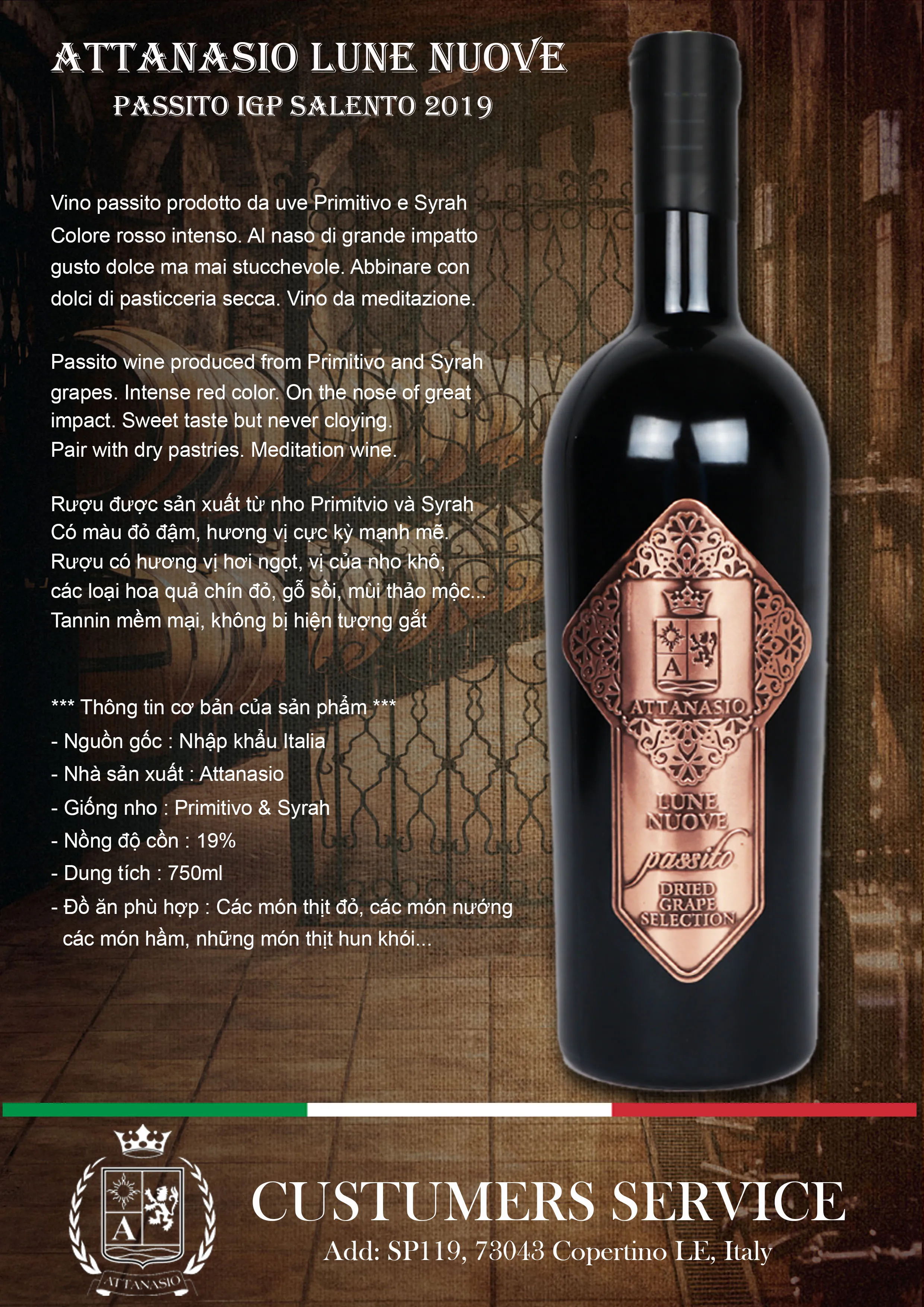 Type origin shelf life meditation style for dry party wine drinking Attanasio Lune nuove Passtio IGP Salento 2019 from Italy