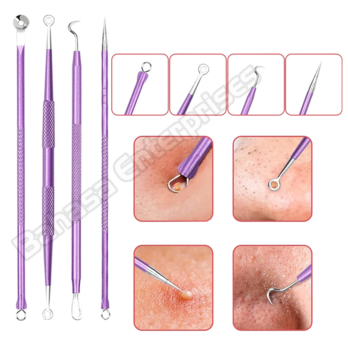 Stainless Steel Blackhead Removal Kit 10Pcs Blemish Pimple Extractor Remover Cosmetic Face Cleaning Tool