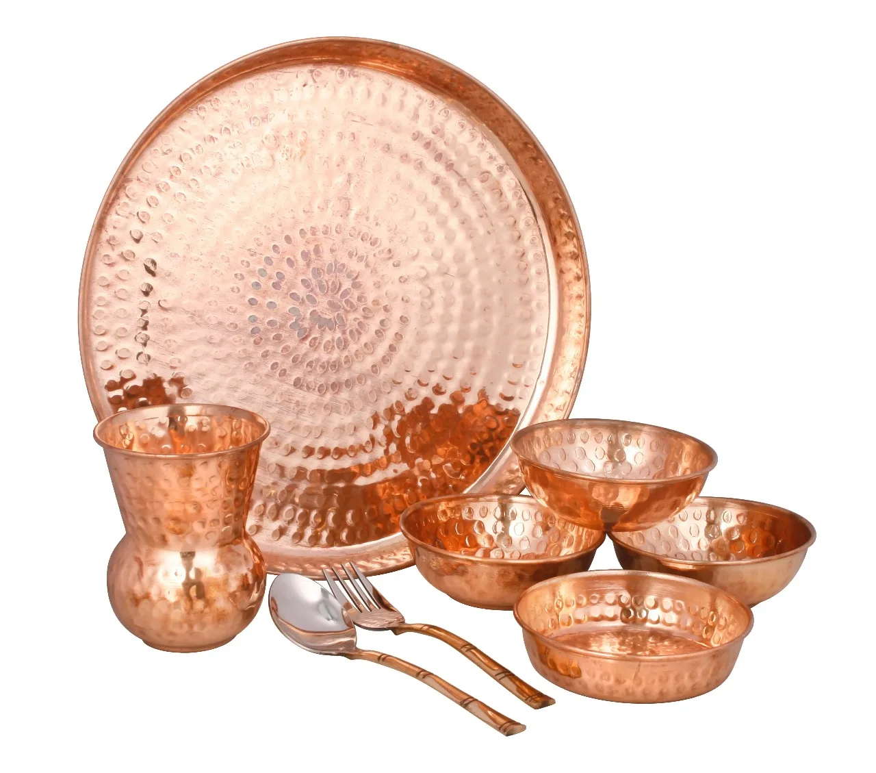 Hammered Round Pure Copper Thali Set Dinner Set Indian Stainless Steel Copper Traditional Dinner Set of 1 Thali Plate 5 Bowls