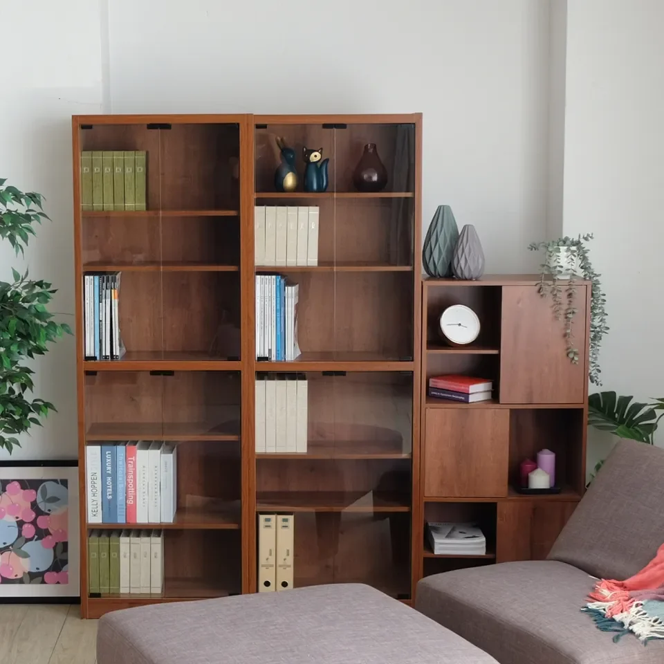 Easy Assembly Multipurpose 6-Tier Free Standing Bookcase Showcase with Glass Doors