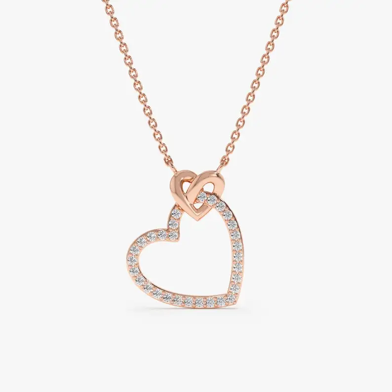 14k White Gold Fine Jewelry Round Cut Natural Diamond Love Heart Pendant Necklace For Wedding Anniversary Gift For Her