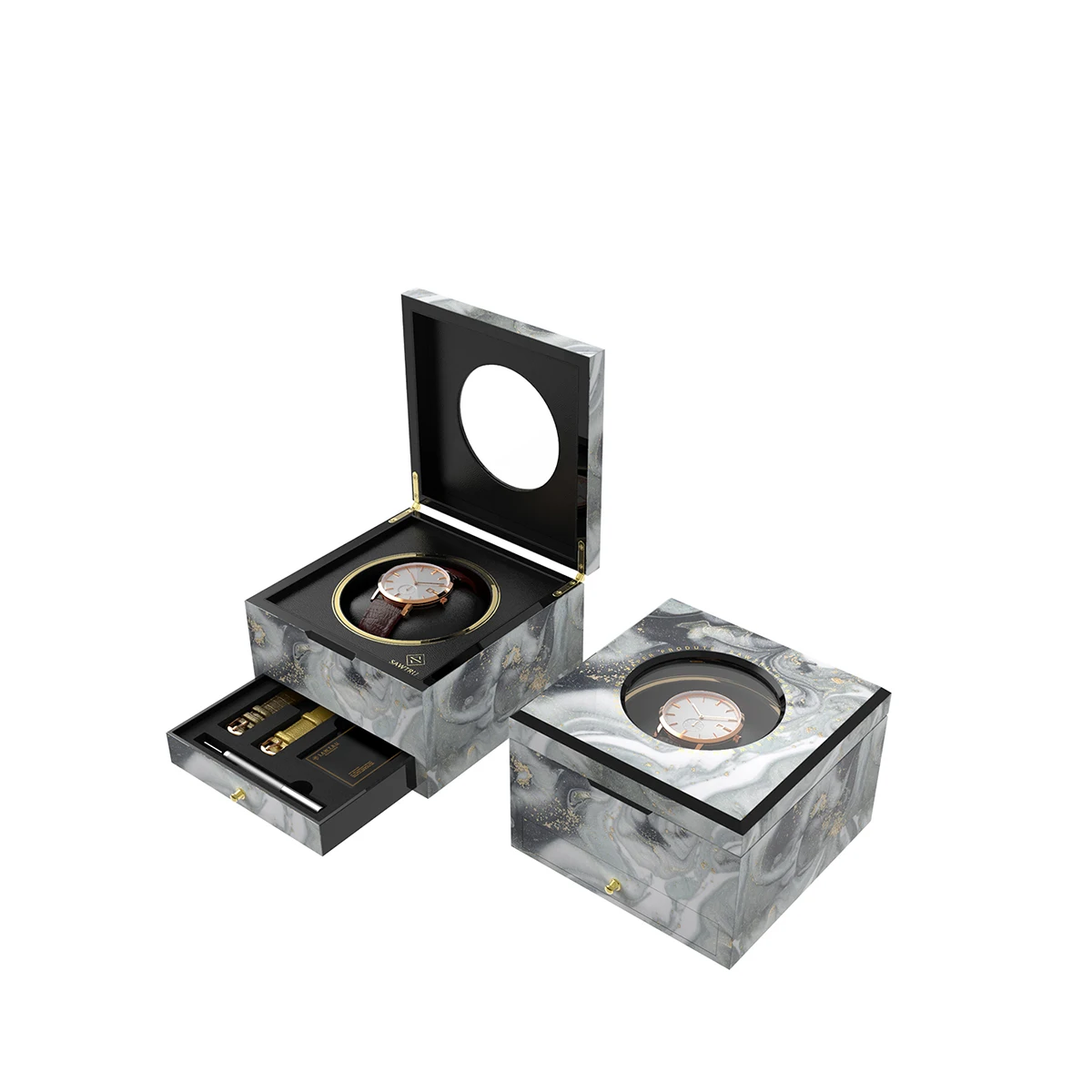 Luxury High Quality Custom Logo Black MDF Wooden Watch Box Gift Packaging Display Single Watch Box Case With Foam Insert