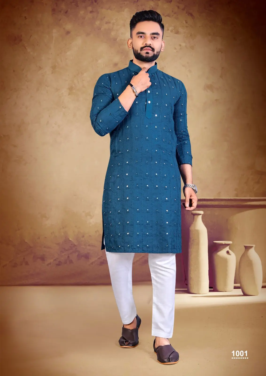 KURTA PAJAMA for MEN Designer Full Sleeve  mirror work  Kurta and Churidar Pajama Set Button Collar Pattern Bollywood Fashion
