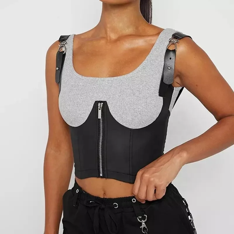 Fashion vest PU leather stitching sleeveless short zipper jacket discipline corset women