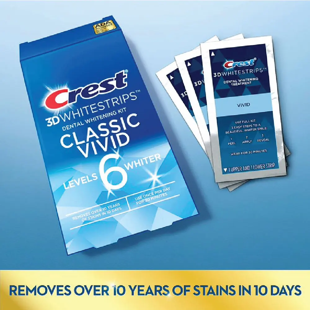 Crest 3DWhite Whitestrip Classic Vivid 1 box 10 Pouches 20 Strips Crest Teeth Whitening Strips
