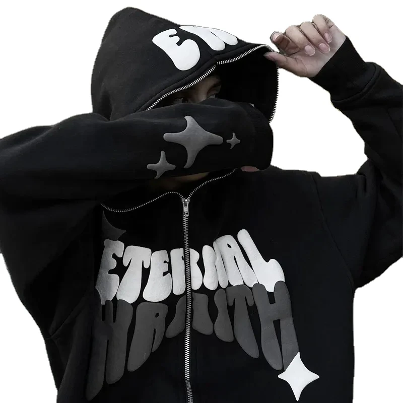 Street Wear Winter Vintage High Quality Full Puff Print Zip up Heavy Weight Hoodie