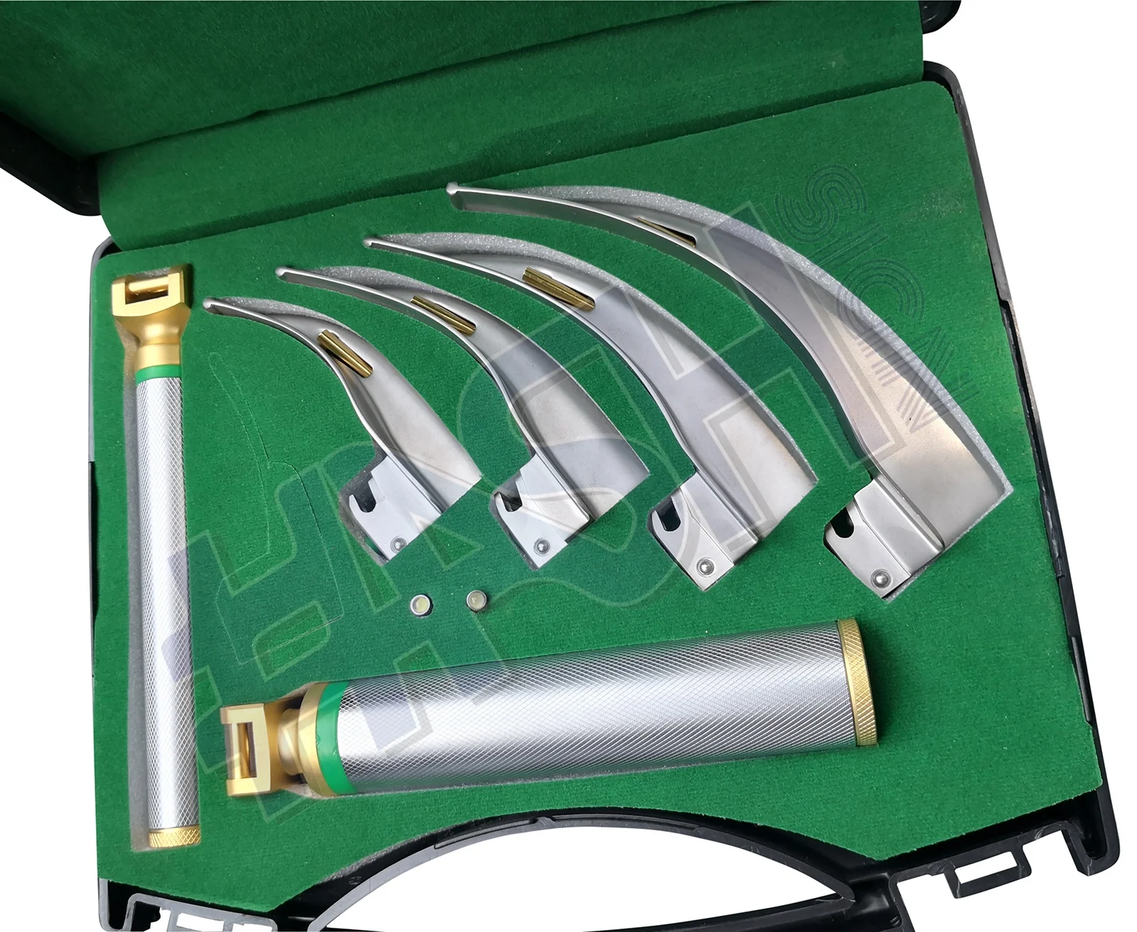 Fiber Optic Macintosh Laryngoscope Gold Plated With 4 Blades + 2 Handles (C Size Handle + Slim)