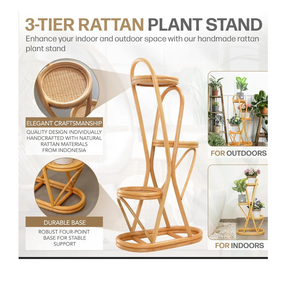 High-quality natural rattan material rattan plant shelf 3-tier plant stand, indoor, outdoor wholesale made in Vietnam
