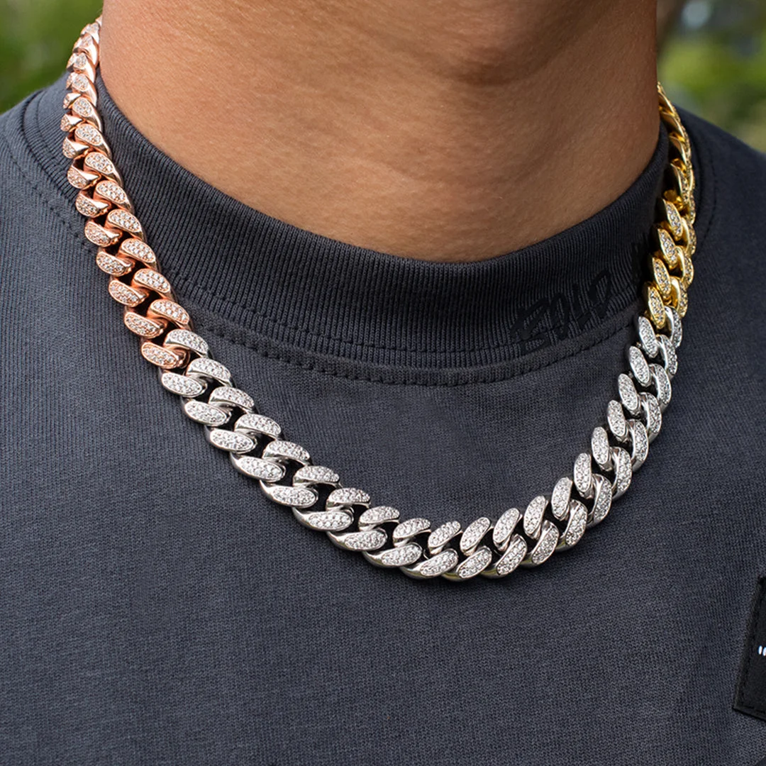 12MM Tri Colored Miami Cuban Link Moissanite Diamond Chains White Yellow Rose Gold Cuban Chains for Sale from India