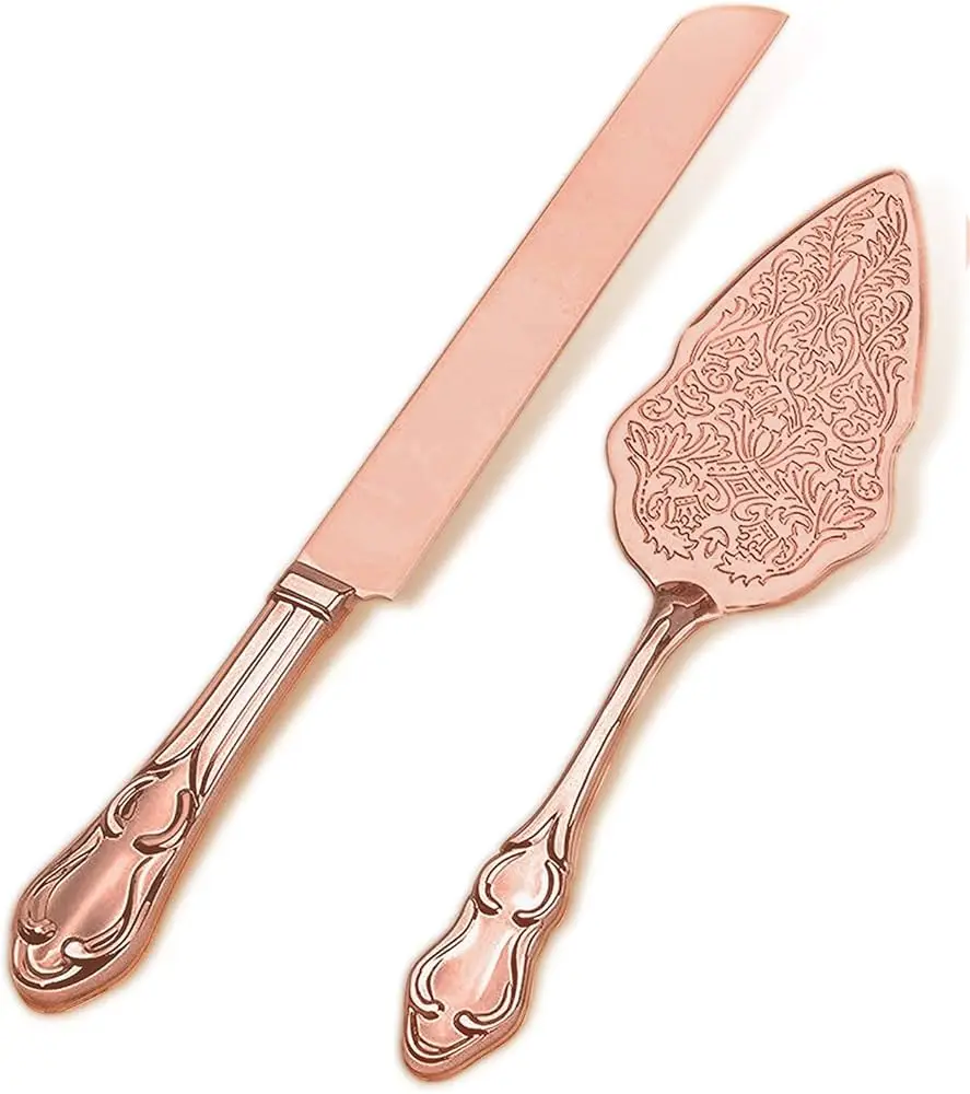 Sleek, Modern Gold Handles Add Sophistication To Both The Cake Cutter And Server Of This Wedding Cake Serving Set.