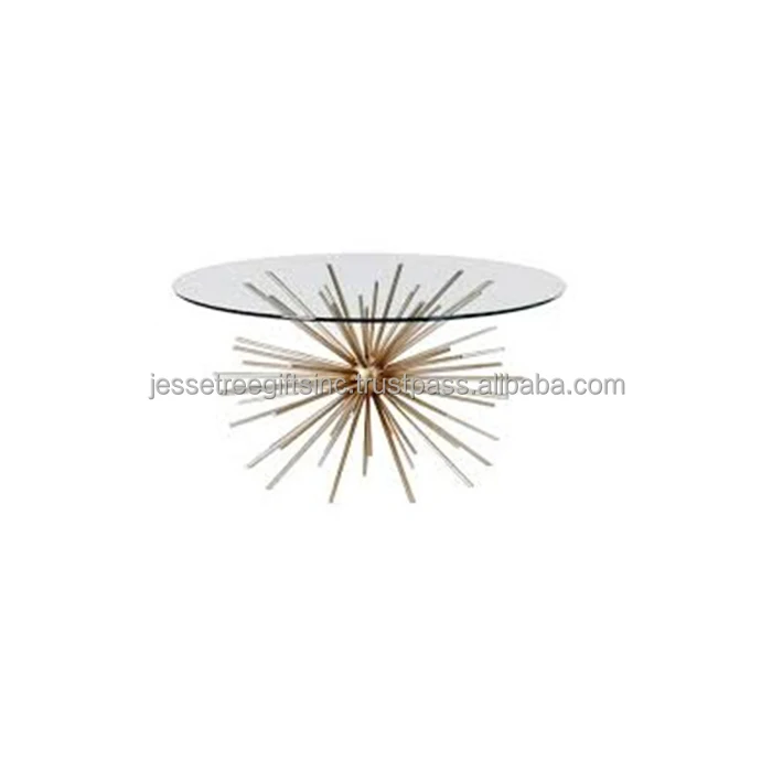 Metal Sheet Strips Accent Table With Antique Gold Finishing Grass Design Excellent Quality With Round Glass Top For Living Room