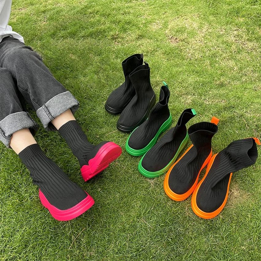 Women Ankle Boots Thick Platform Knitted Socks Boots 2023 Ladies Winter Chelsea Boots Women Shoes