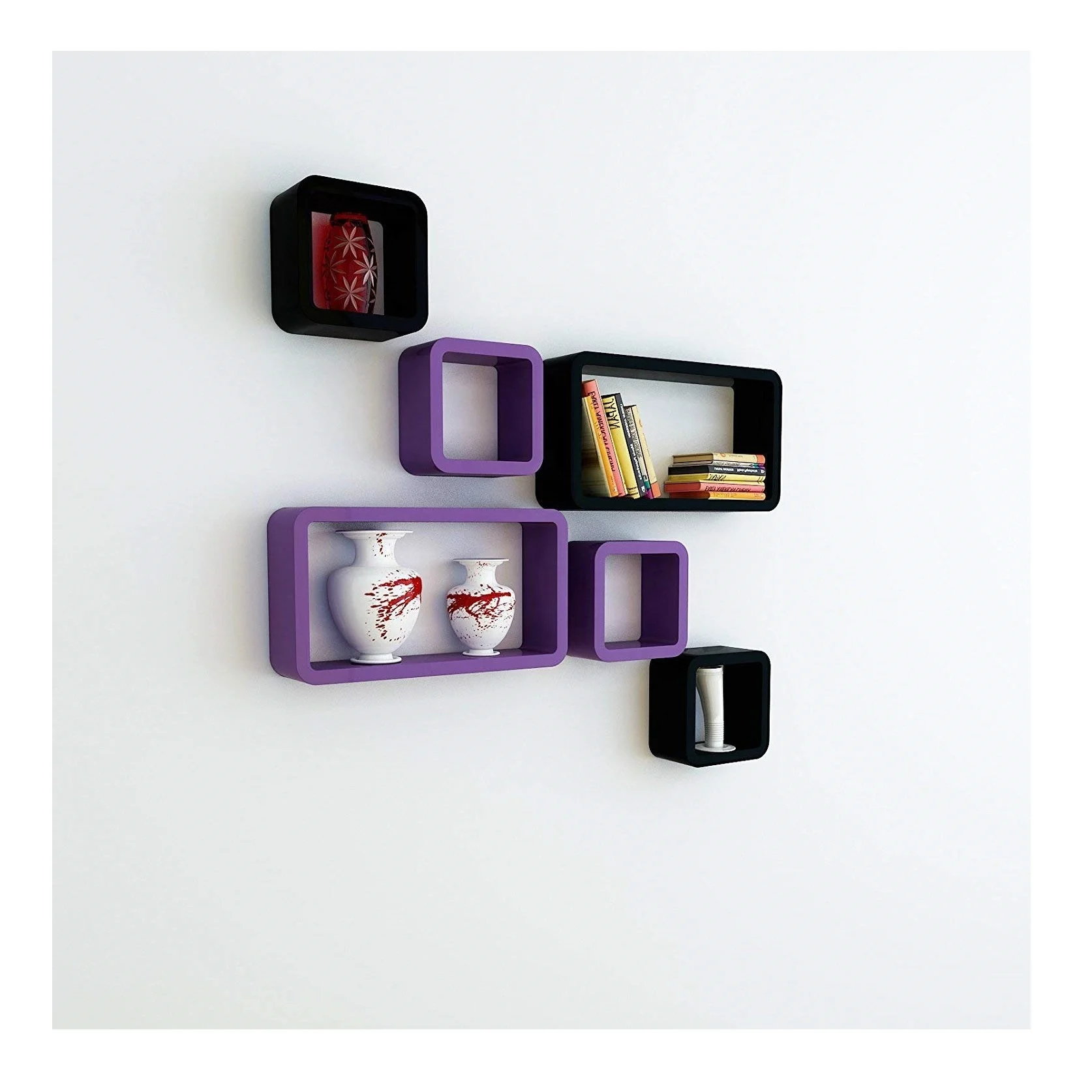Wall Shelf Set of Six Designer Wall Rack Shelves Purple & Black Cube & Rectangle Wall Shelves for Living Room Decor